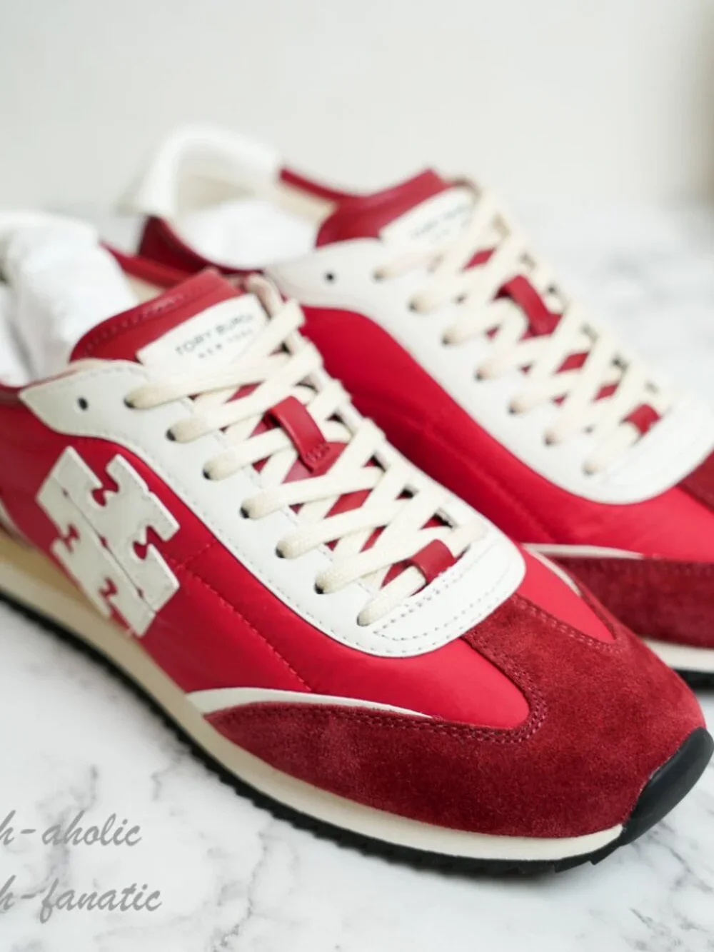 Tory Burch T-Logo Nylon Suede Vintage Sneaker 2.0 in Tory Red / White NIB
